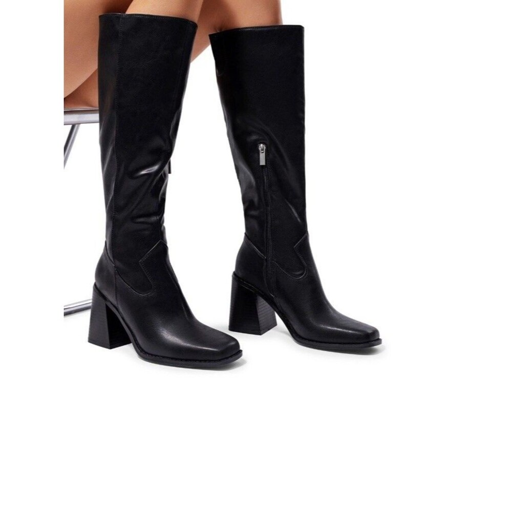 (M5) Women Chunky Heel Knee High Boots Side Zipper Square Toe Tall Boots, Sz 9